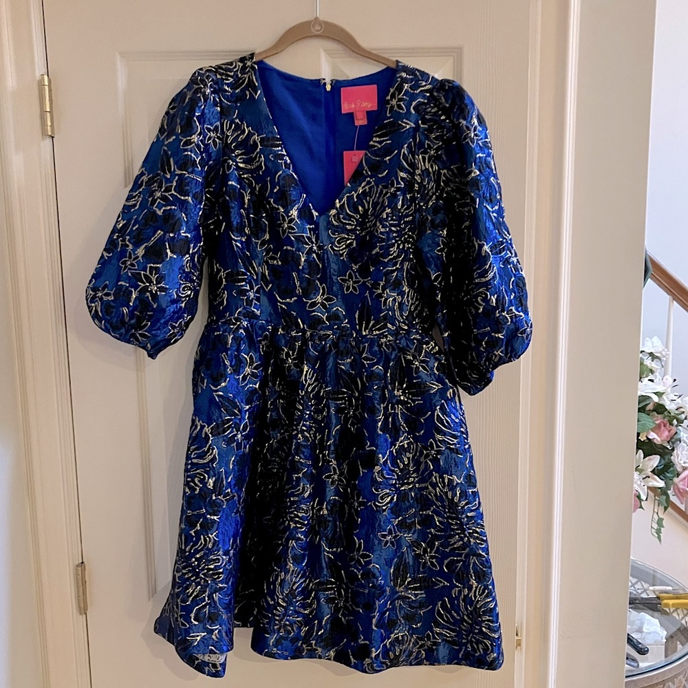 Lilly Pulitzer Calyssa 3/4 Sleeve Blue Twilight Floral Brocade Size 12